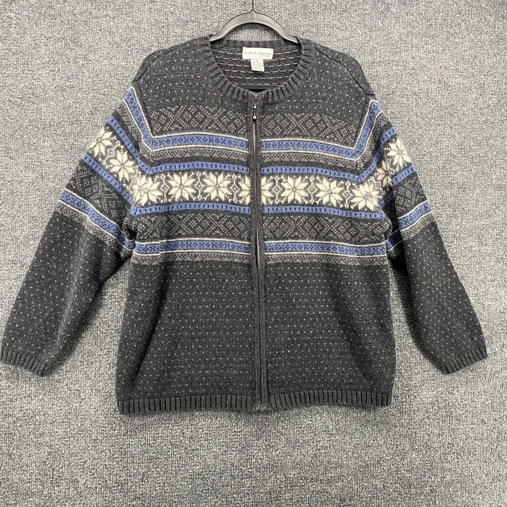 Croft & Barrow Sweater Womens 1X Gray Fair Isle Full Zip Outdoor Winter Vintage